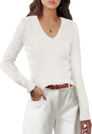 ANRABESS Women's Long Sleeve V Neck Cable Knit Sweater Jumper 2025 Spring Pullover Top Cute Soft Ladies Dressy Casual Outfits
