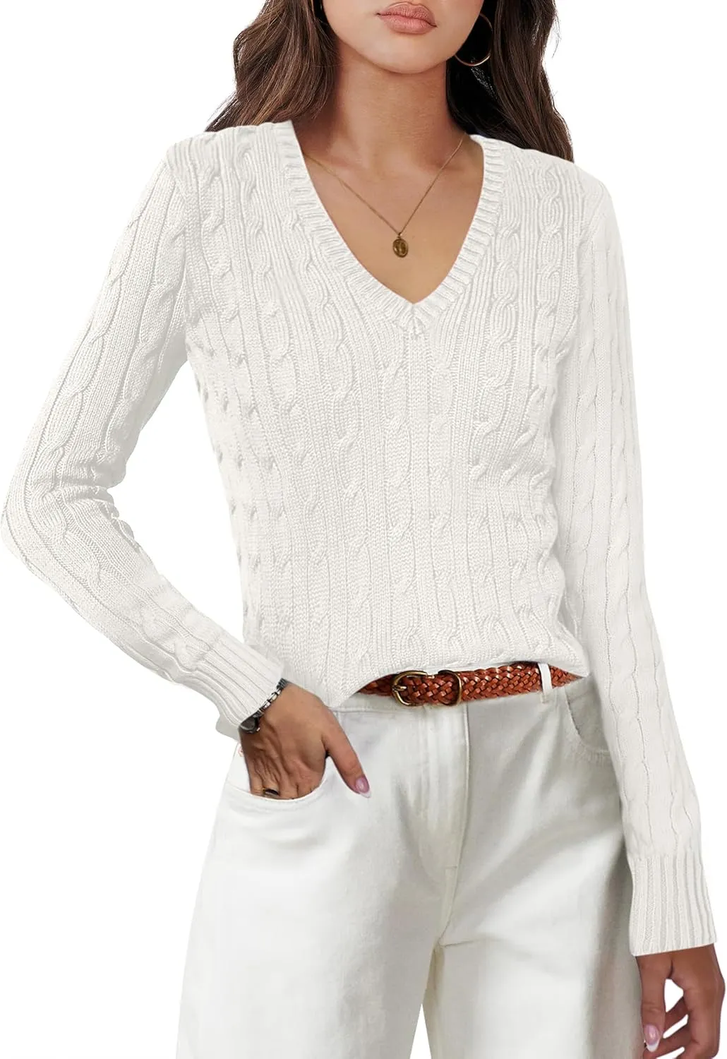 ANRABESS Women's Long Sleeve V Neck Cable Knit Sweater Jumper 2025 Spring Pullover Top Cute Soft Ladies Dressy Casual Outfits