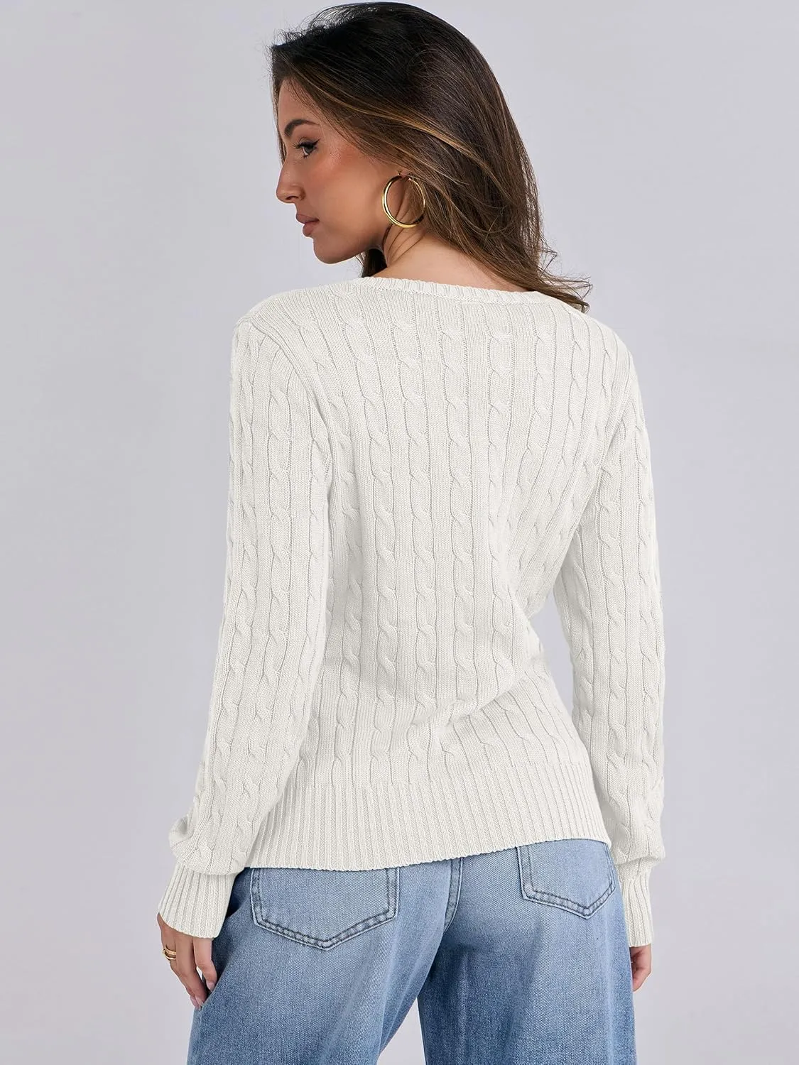 ANRABESS Women's Long Sleeve V Neck Cable Knit Sweater Jumper 2025 Spring Pullover Top Cute Soft Ladies Dressy Casual Outfits