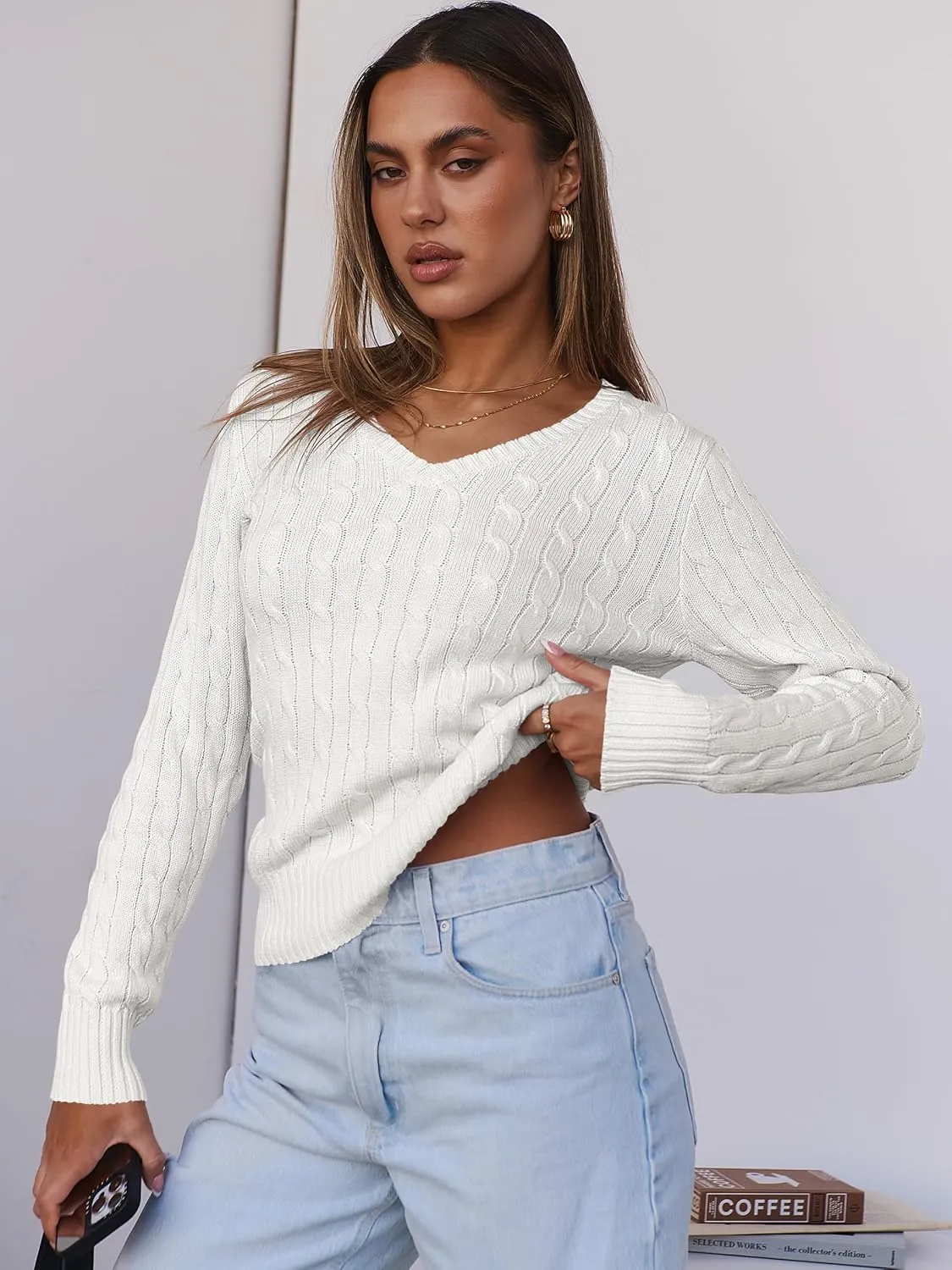 ANRABESS Women's Long Sleeve V Neck Cable Knit Sweater Jumper 2025 Spring Pullover Top Cute Soft Ladies Dressy Casual Outfits