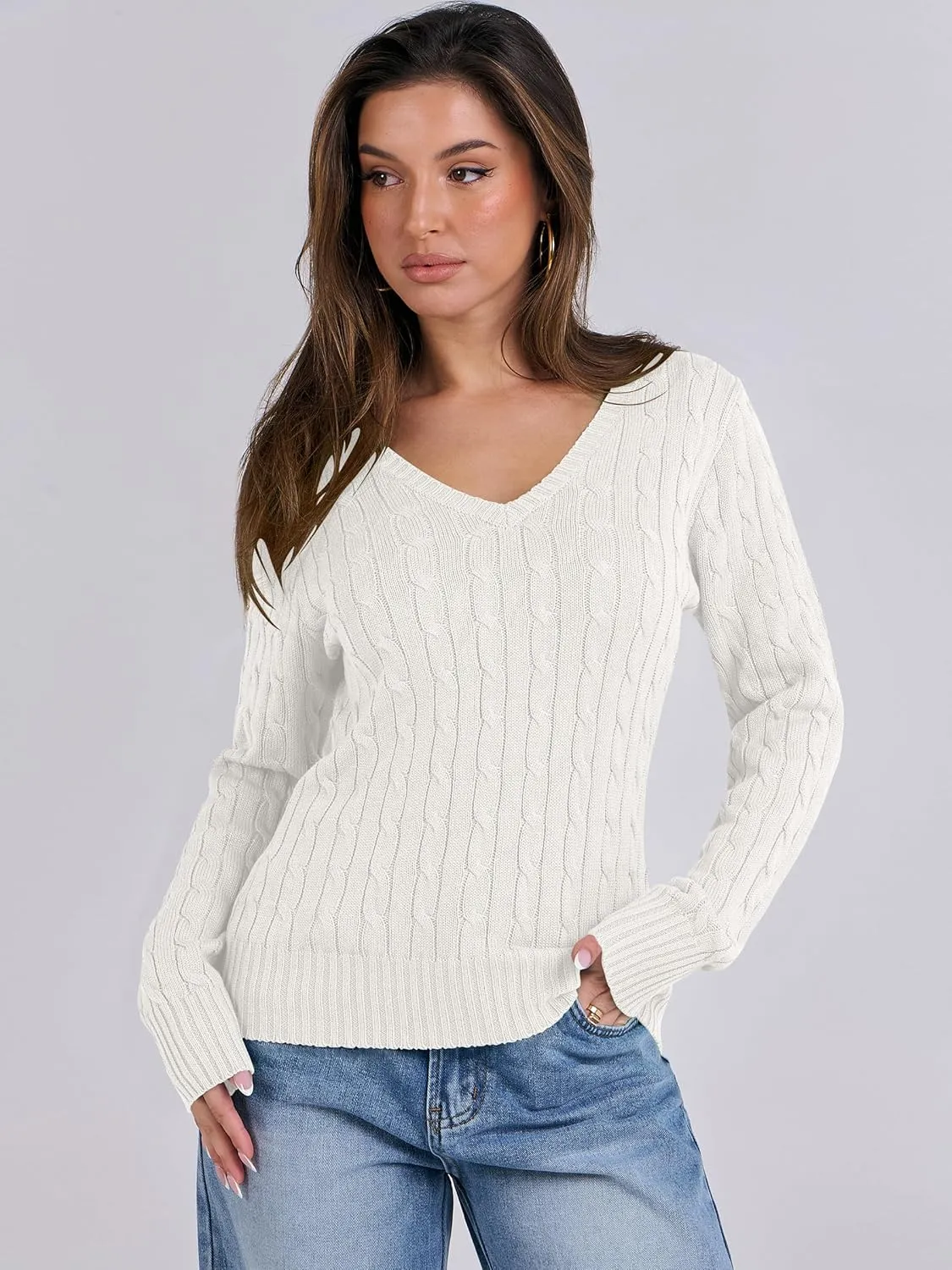 ANRABESS Women's Long Sleeve V Neck Cable Knit Sweater Jumper 2025 Spring Pullover Top Cute Soft Ladies Dressy Casual Outfits