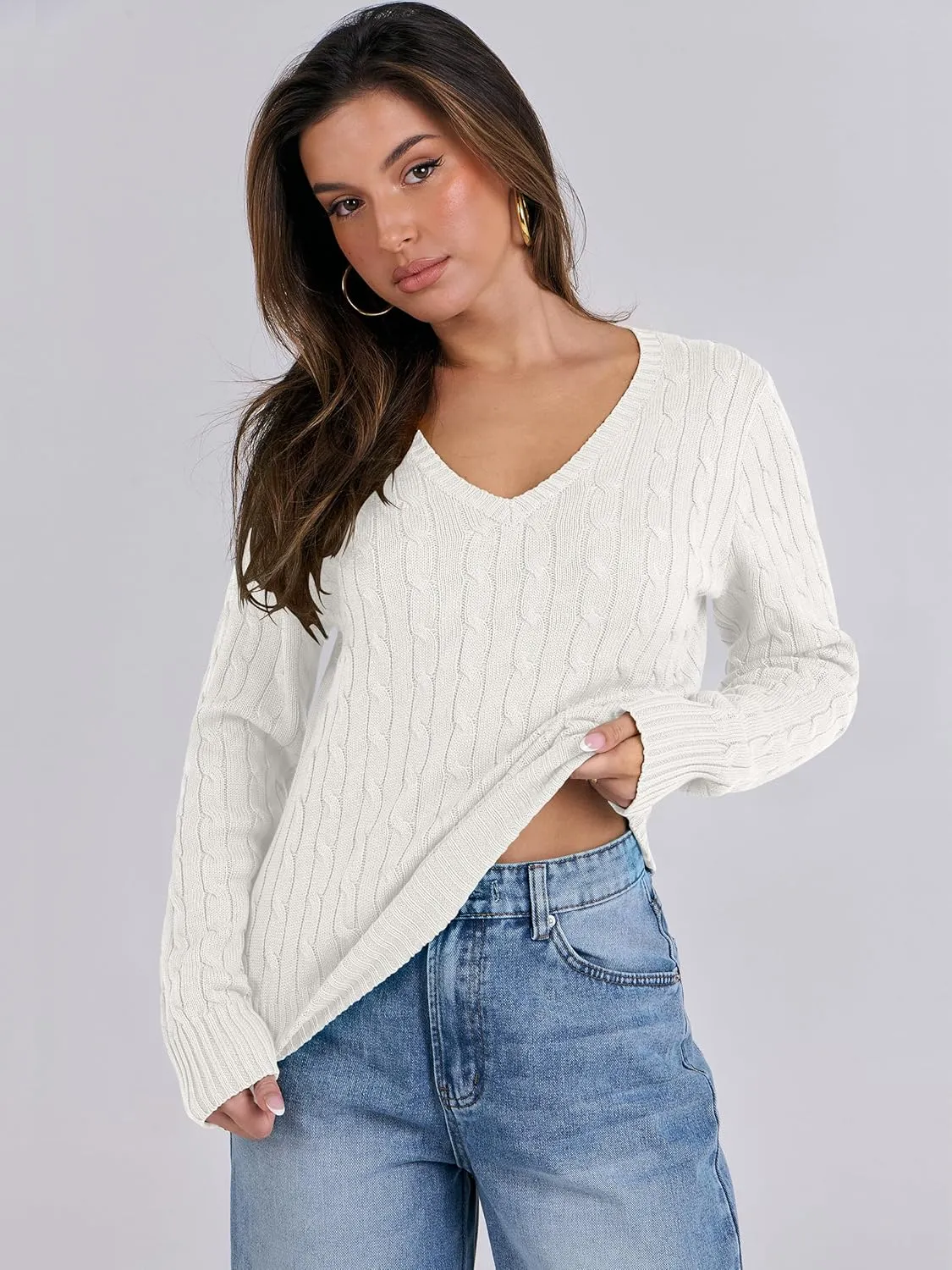 ANRABESS Women's Long Sleeve V Neck Cable Knit Sweater Jumper 2025 Spring Pullover Top Cute Soft Ladies Dressy Casual Outfits