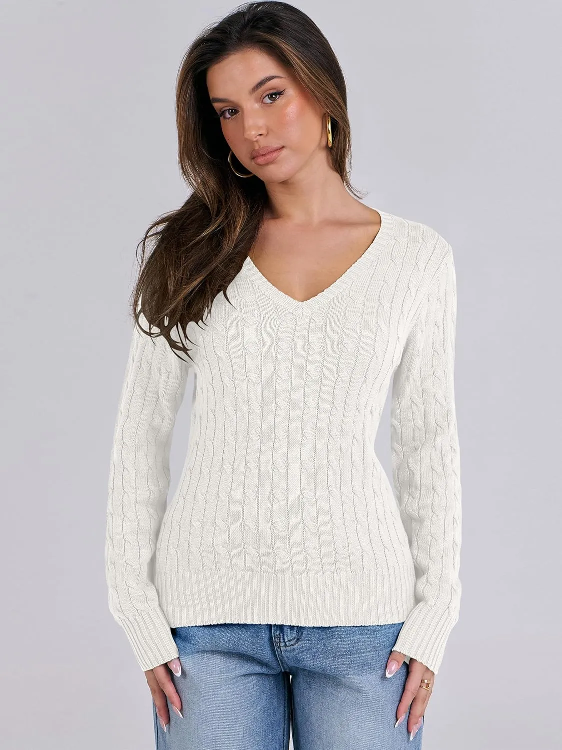 ANRABESS Women's Long Sleeve V Neck Cable Knit Sweater Jumper 2025 Spring Pullover Top Cute Soft Ladies Dressy Casual Outfits
