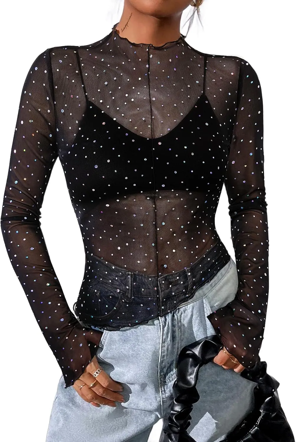 Avanova Women Mesh Sheer Asymmetrical Crop Top Sexy See Through Long Sleeve Shirt