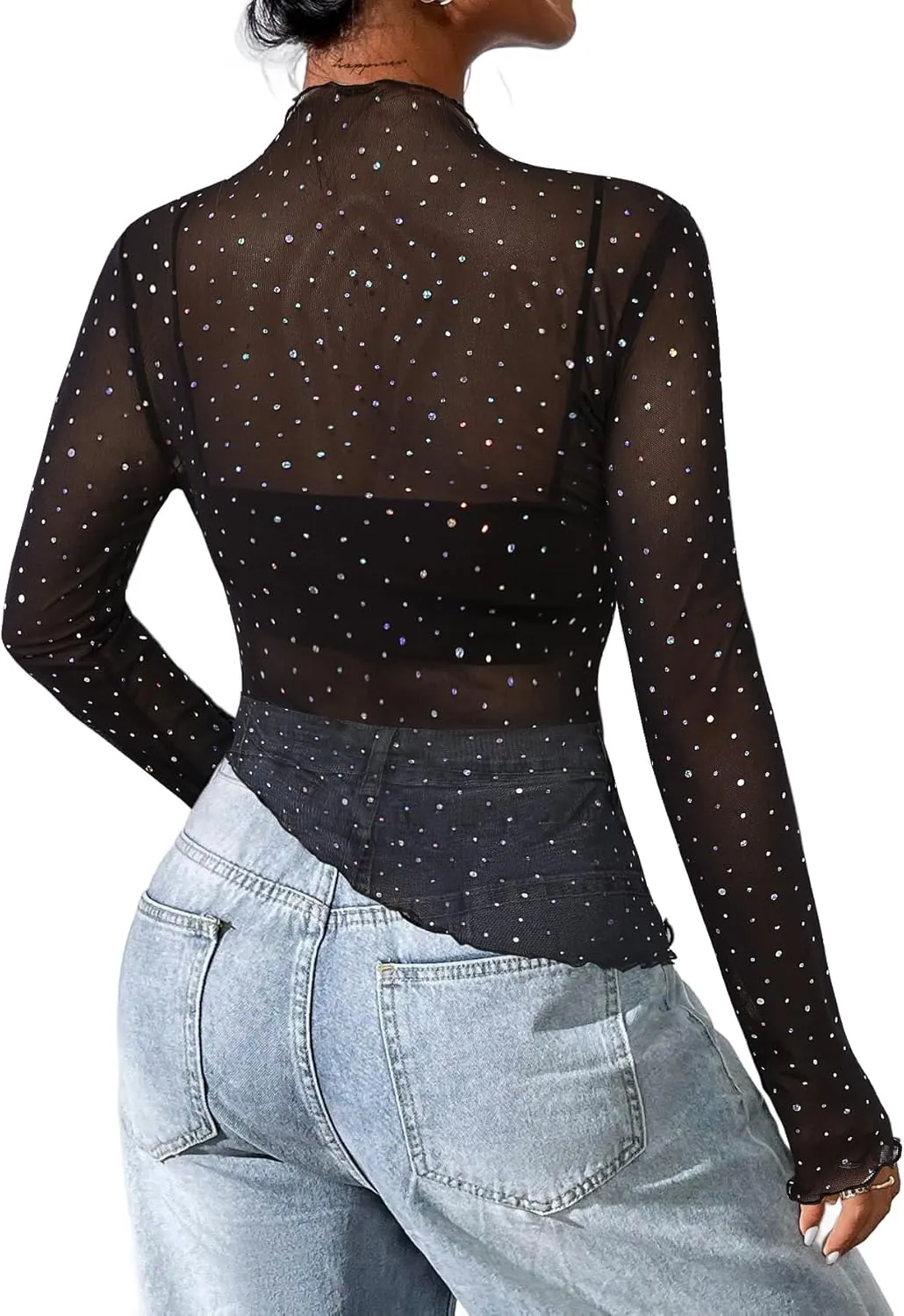 Avanova Women Mesh Sheer Asymmetrical Crop Top Sexy See Through Long Sleeve Shirt