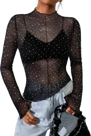 Avanova Women Mesh Sheer Asymmetrical Crop Top Sexy See Through Long Sleeve Shirt