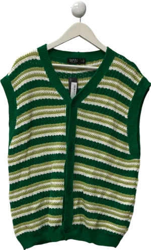 boohooMan Green Button Knitted Vest Cardigan UK M