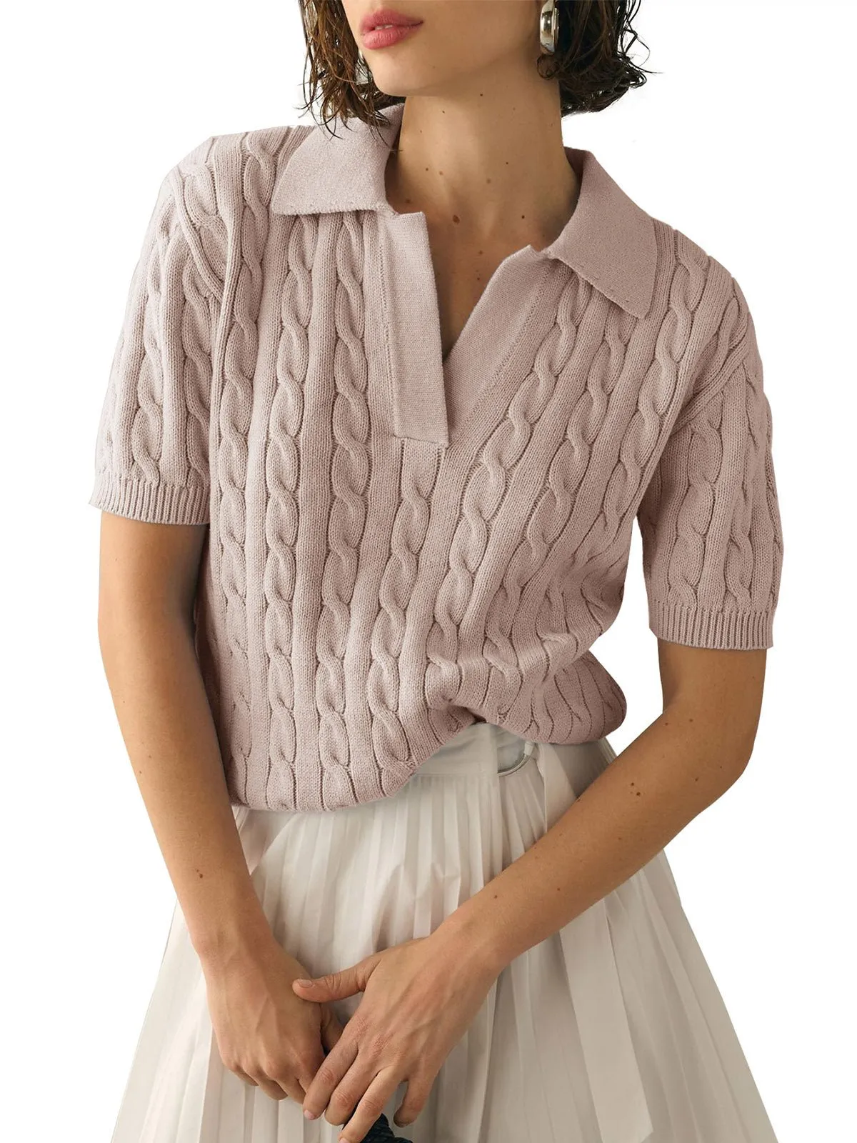 Casual Cable Knit V-Neck Short Sleeve Sweater – Soft Short Sleeve Pullover for Spring/Summer