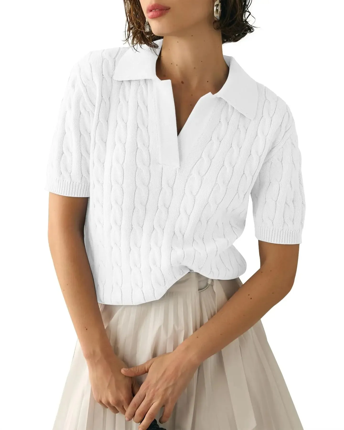 Casual Cable Knit V-Neck Short Sleeve Sweater – Soft Short Sleeve Pullover for Spring/Summer