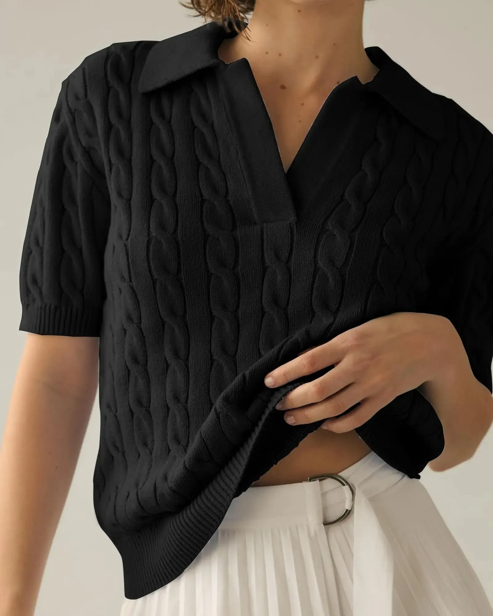 Casual Cable Knit V-Neck Short Sleeve Sweater – Soft Short Sleeve Pullover for Spring/Summer