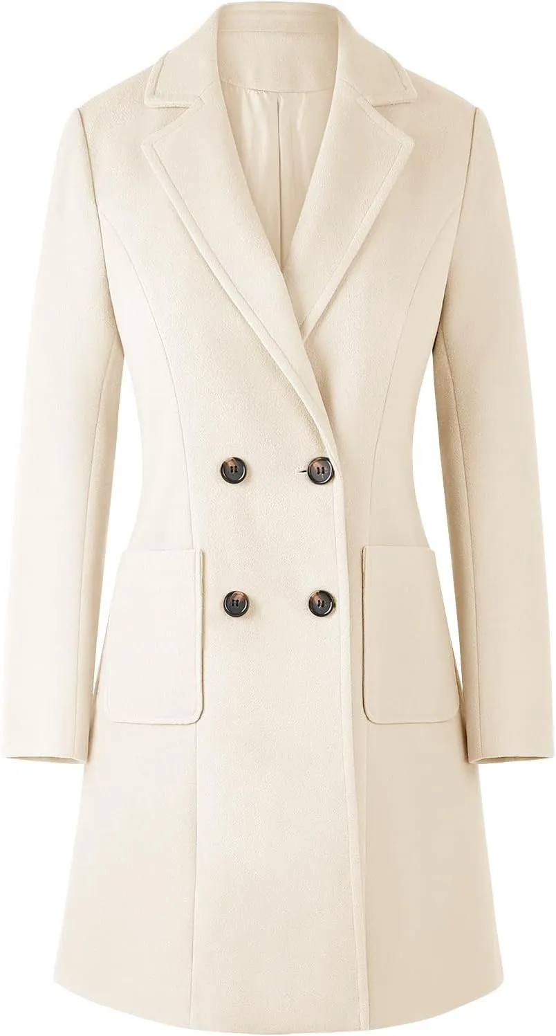 CHICZONE Women's Notch Lapel Double Breasted Mid Long Pea Coat Wool Blend Overcoat Winter Outwear