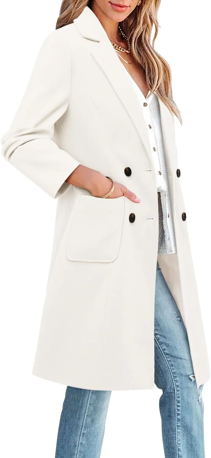 CHICZONE Women's Notch Lapel Double Breasted Mid Long Pea Coat Wool Blend Overcoat Winter Outwear
