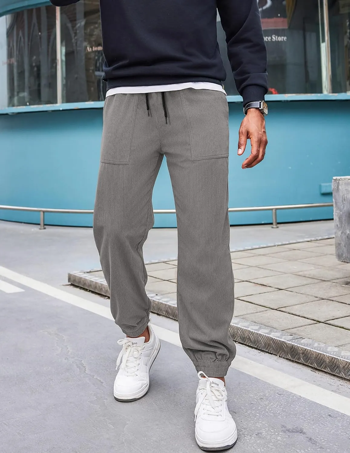 COOFANDY Men's Corduroy Pants Casual Drawstring Trousers Elastic Waist Fashion Tapered Streetwear Joggers with Pockets