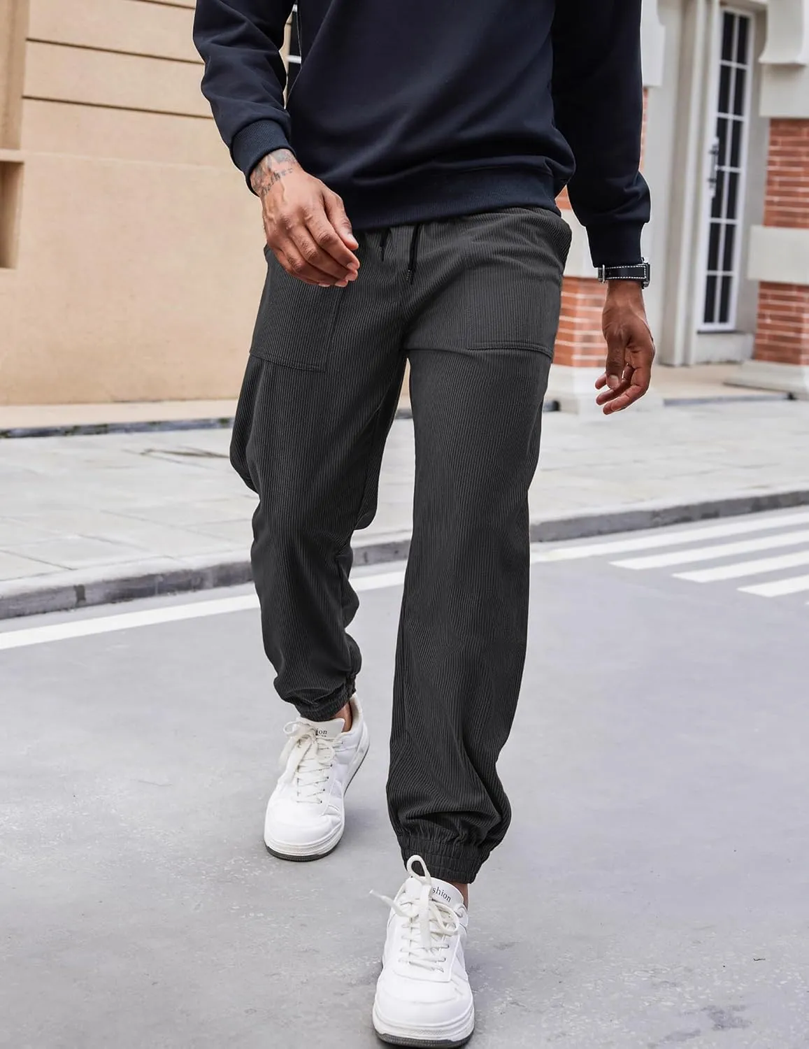 COOFANDY Men's Corduroy Pants Casual Drawstring Trousers Elastic Waist Fashion Tapered Streetwear Joggers with Pockets