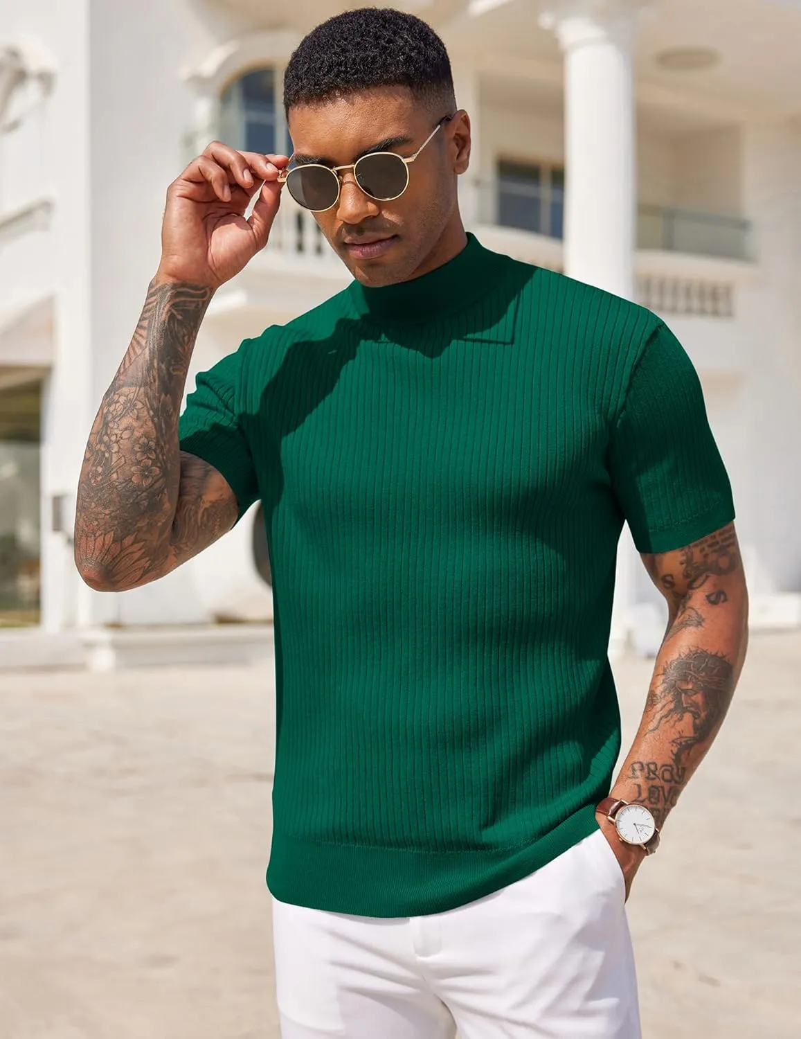 COOFANDY Men's Mock Turtleneck Sweater Short Sleeve Casual Basic Tops Ribbed Knit Pullover Solid Tee