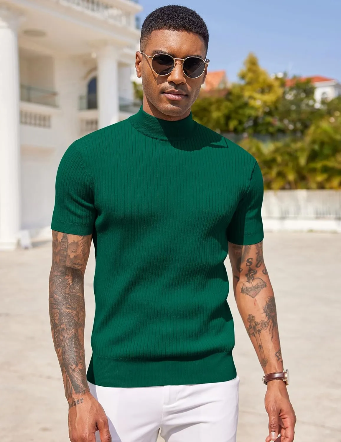 COOFANDY Men's Mock Turtleneck Sweater Short Sleeve Casual Basic Tops Ribbed Knit Pullover Solid Tee