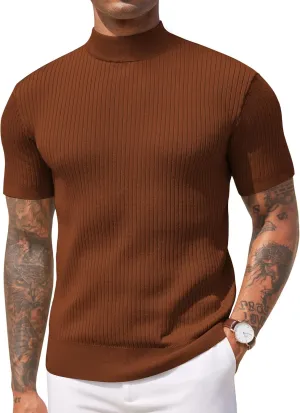 COOFANDY Men's Mock Turtleneck Sweater Short Sleeve Casual Basic Tops Ribbed Knit Pullover Solid Tee