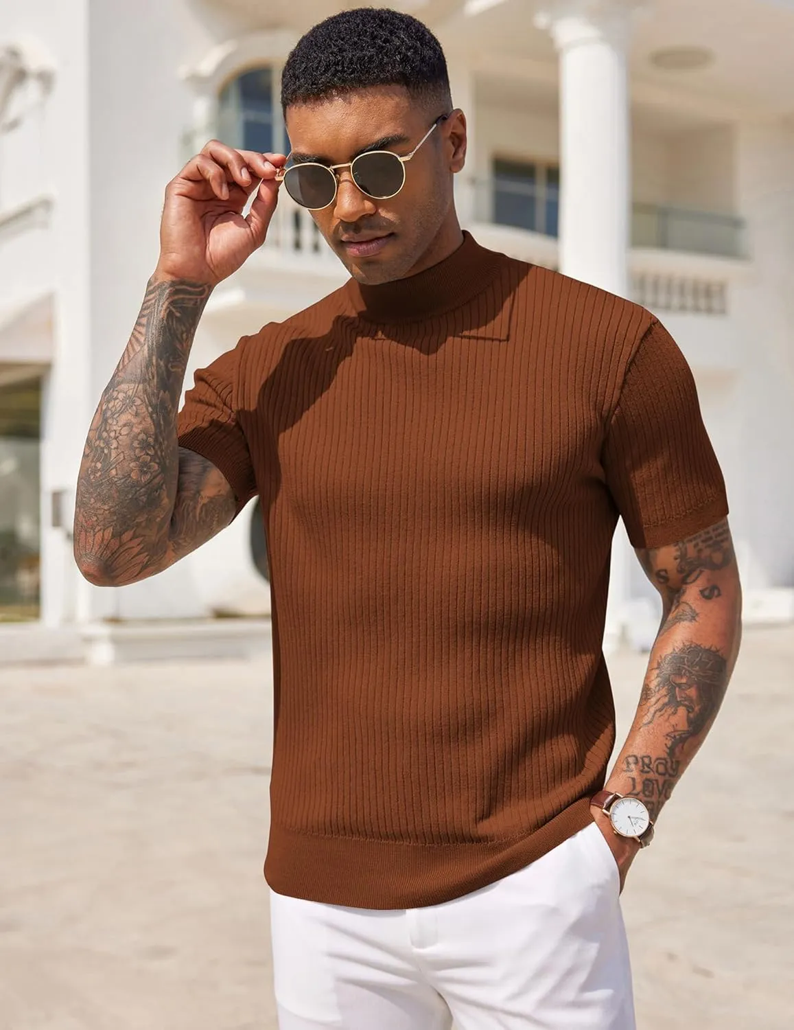 COOFANDY Men's Mock Turtleneck Sweater Short Sleeve Casual Basic Tops Ribbed Knit Pullover Solid Tee