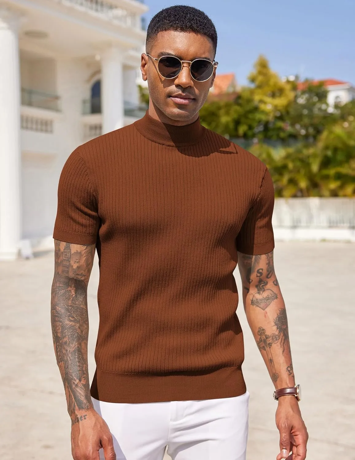 COOFANDY Men's Mock Turtleneck Sweater Short Sleeve Casual Basic Tops Ribbed Knit Pullover Solid Tee