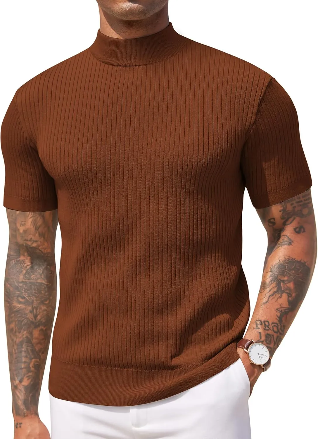 COOFANDY Men's Mock Turtleneck Sweater Short Sleeve Casual Basic Tops Ribbed Knit Pullover Solid Tee