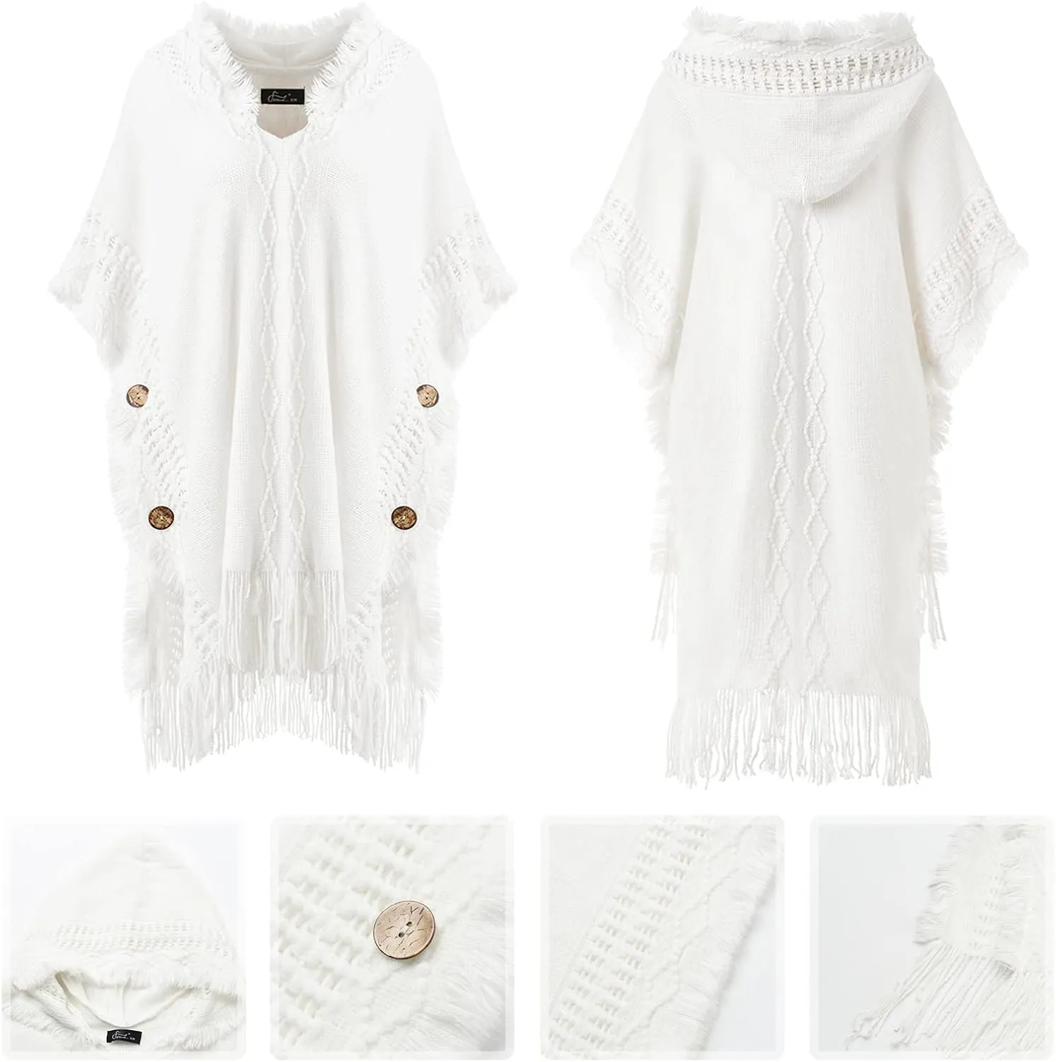 Ferand Women's Cable Knit Poncho Sweater Casual Hooded Pullover Ponchos with Decorative Buttons