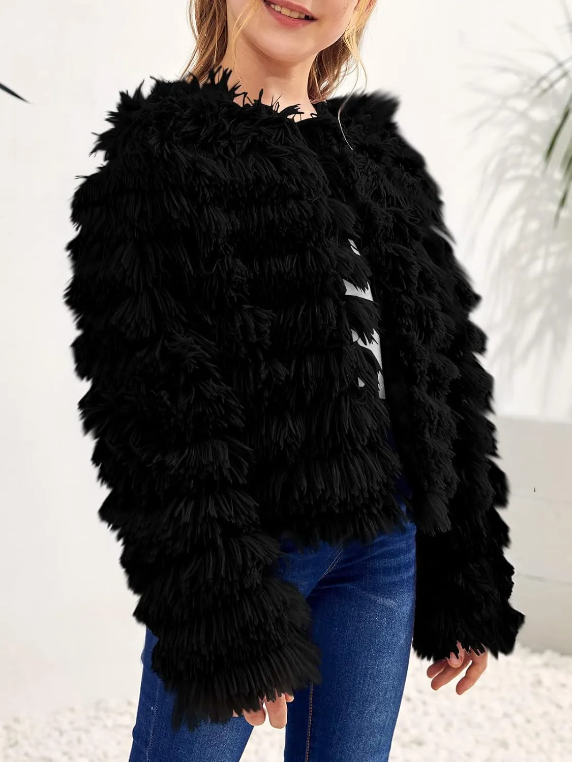 Inorin Girls Open Front Cardigan Faux Fur Coat Warm Fuzzy Trendy Winter Vintage Parka Shaggy Party Outerwear Jackets Tops