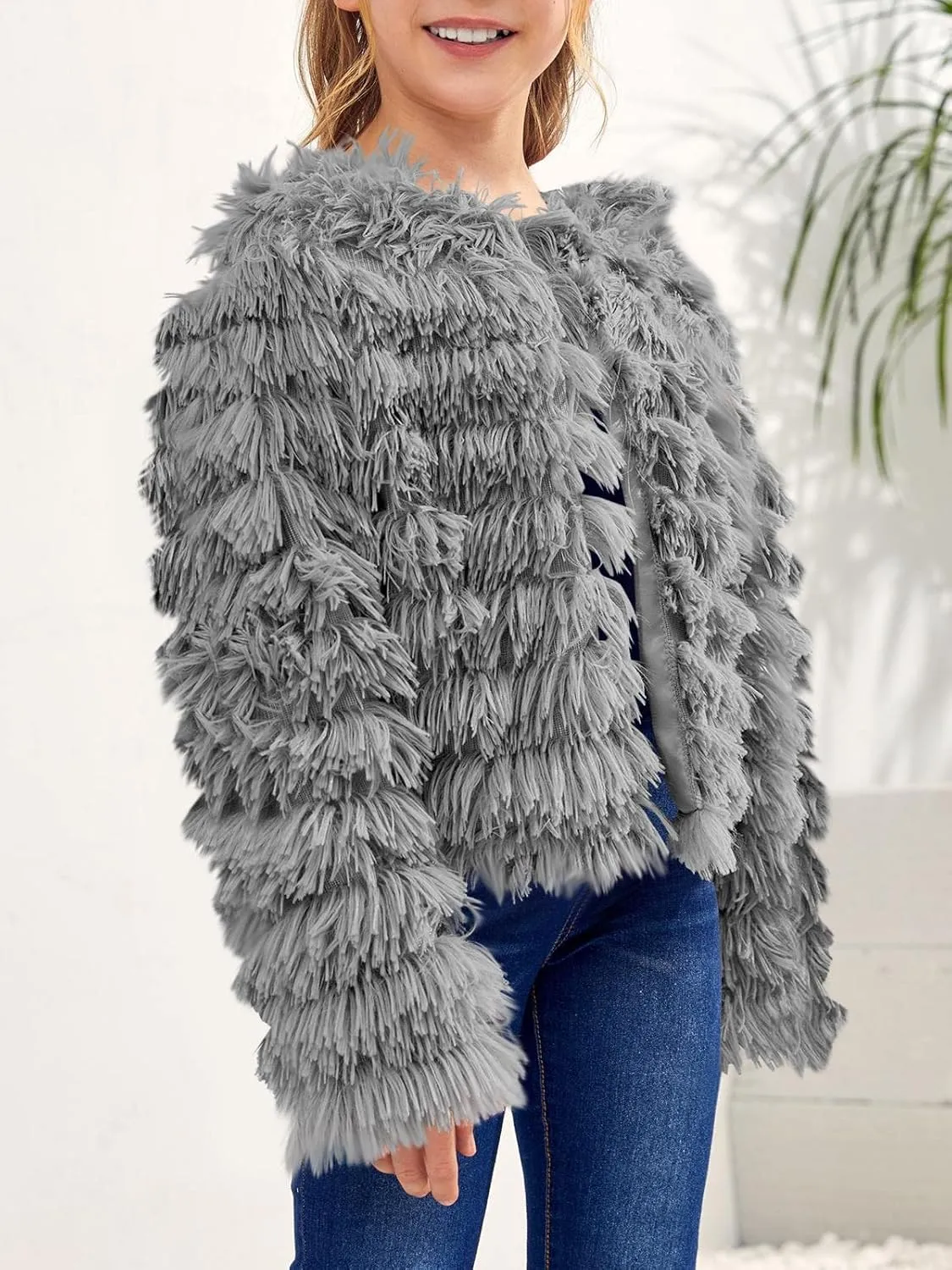 Inorin Girls Open Front Cardigan Faux Fur Coat Warm Fuzzy Trendy Winter Vintage Parka Shaggy Party Outerwear Jackets Tops