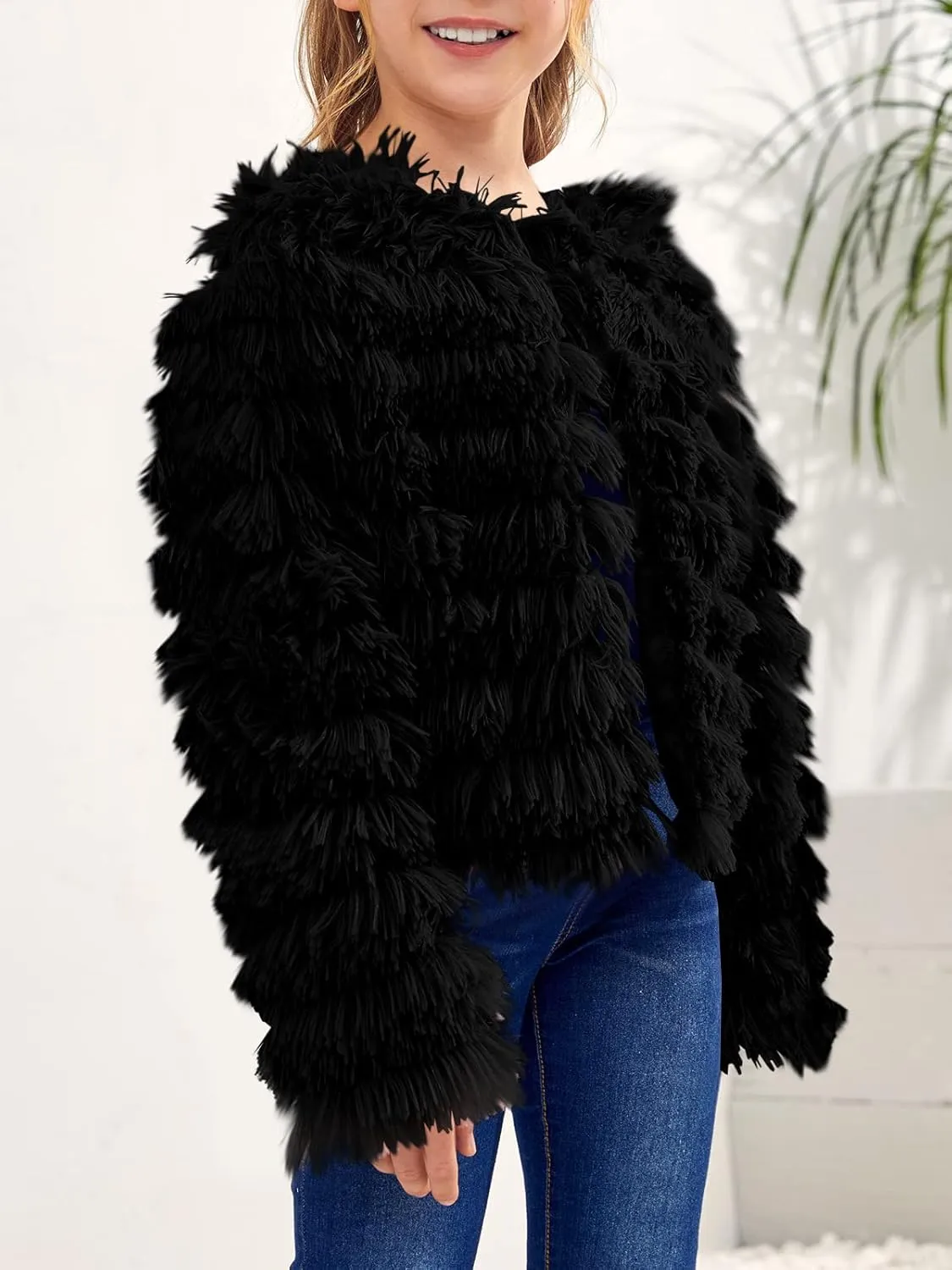 Inorin Girls Open Front Cardigan Faux Fur Coat Warm Fuzzy Trendy Winter Vintage Parka Shaggy Party Outerwear Jackets Tops