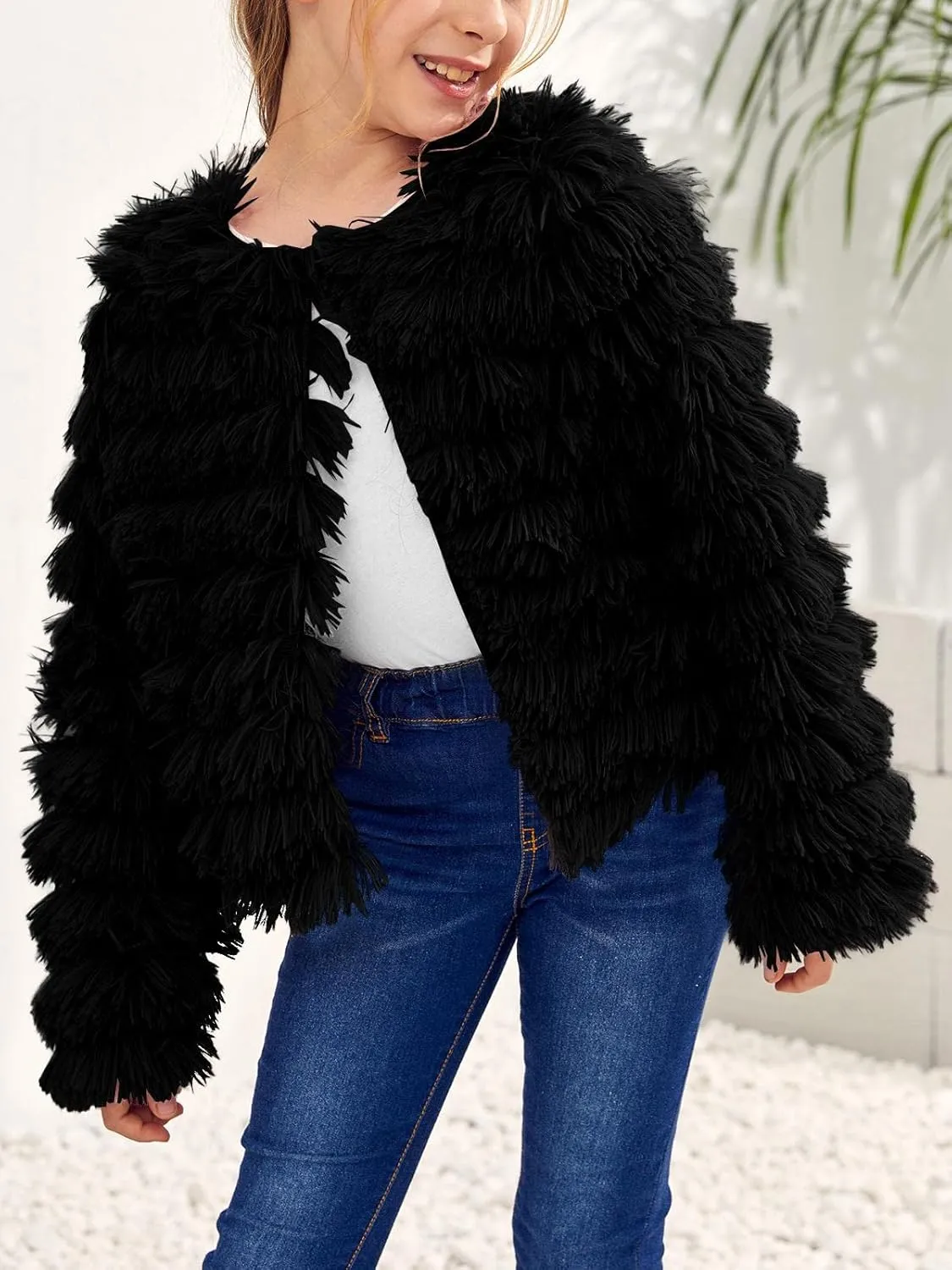 Inorin Girls Open Front Cardigan Faux Fur Coat Warm Fuzzy Trendy Winter Vintage Parka Shaggy Party Outerwear Jackets Tops