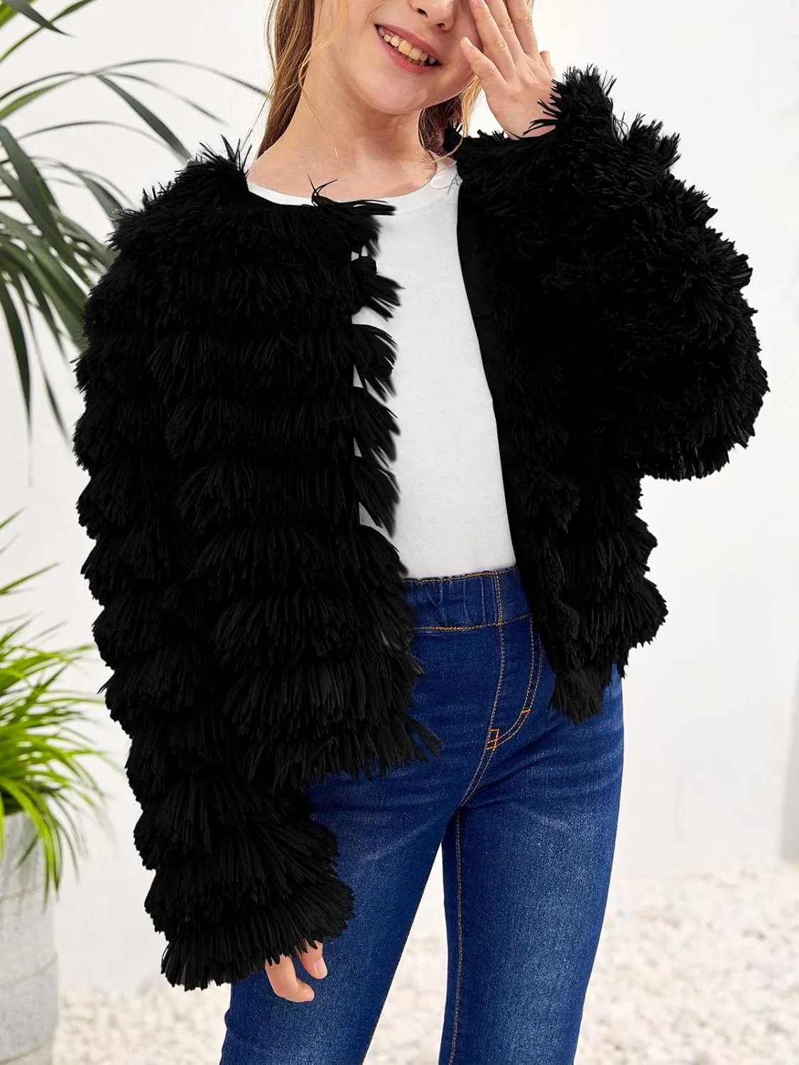 Inorin Girls Open Front Cardigan Faux Fur Coat Warm Fuzzy Trendy Winter Vintage Parka Shaggy Party Outerwear Jackets Tops