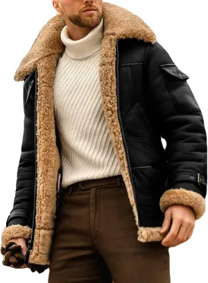 JEsilunmaMY Men's Thicken Sherpa Lined Leather Coat Fleece Shearling Warm Winter Jackets Heavyweight Padded Wool Coats