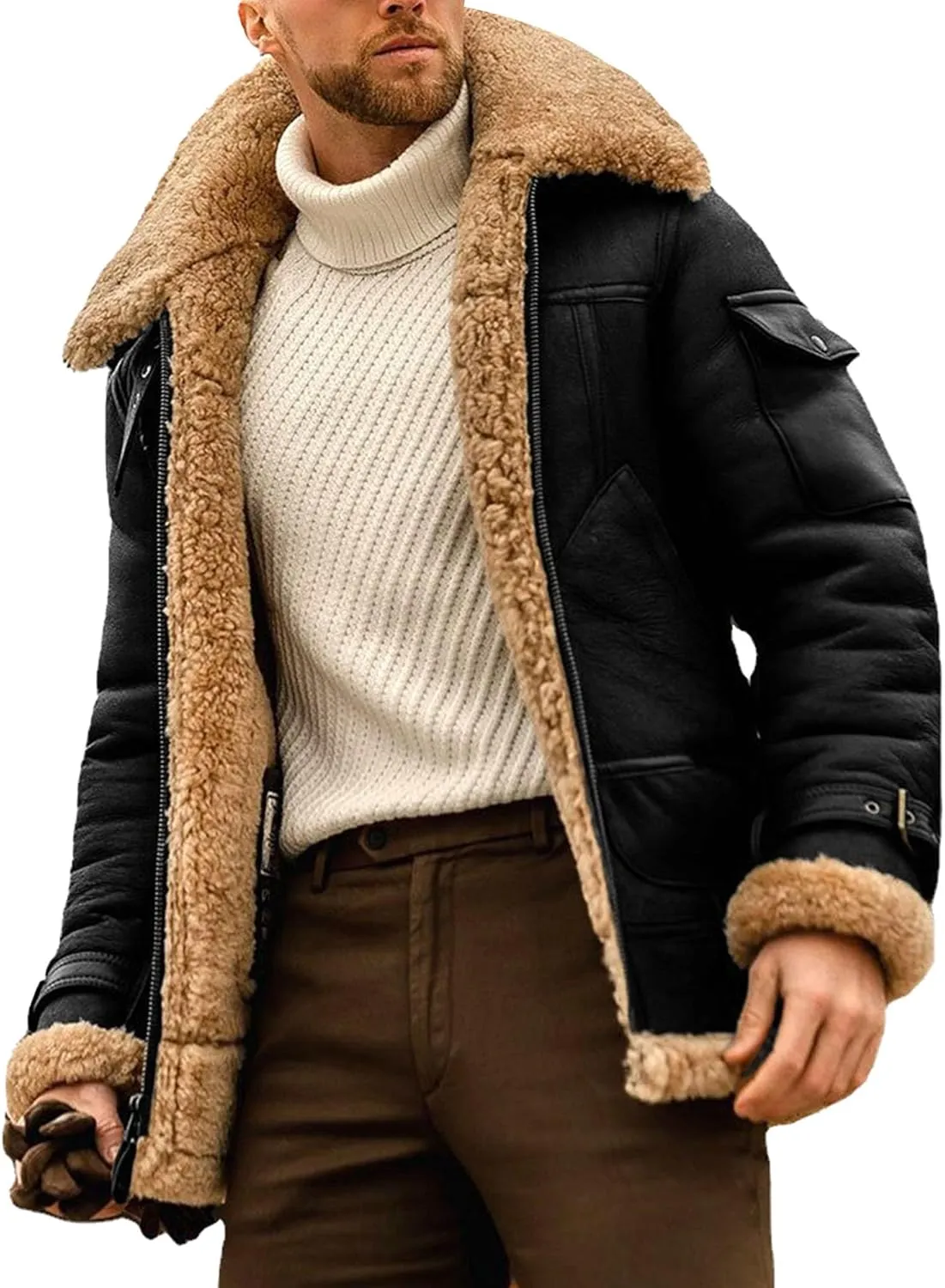 JEsilunmaMY Men's Thicken Sherpa Lined Leather Coat Fleece Shearling Warm Winter Jackets Heavyweight Padded Wool Coats