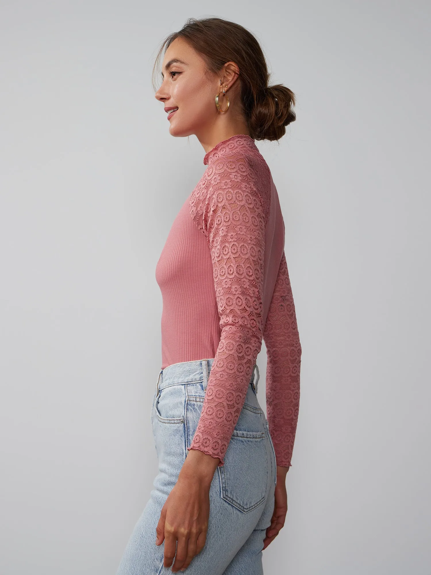 Lace Sleeve Mock Neck Top