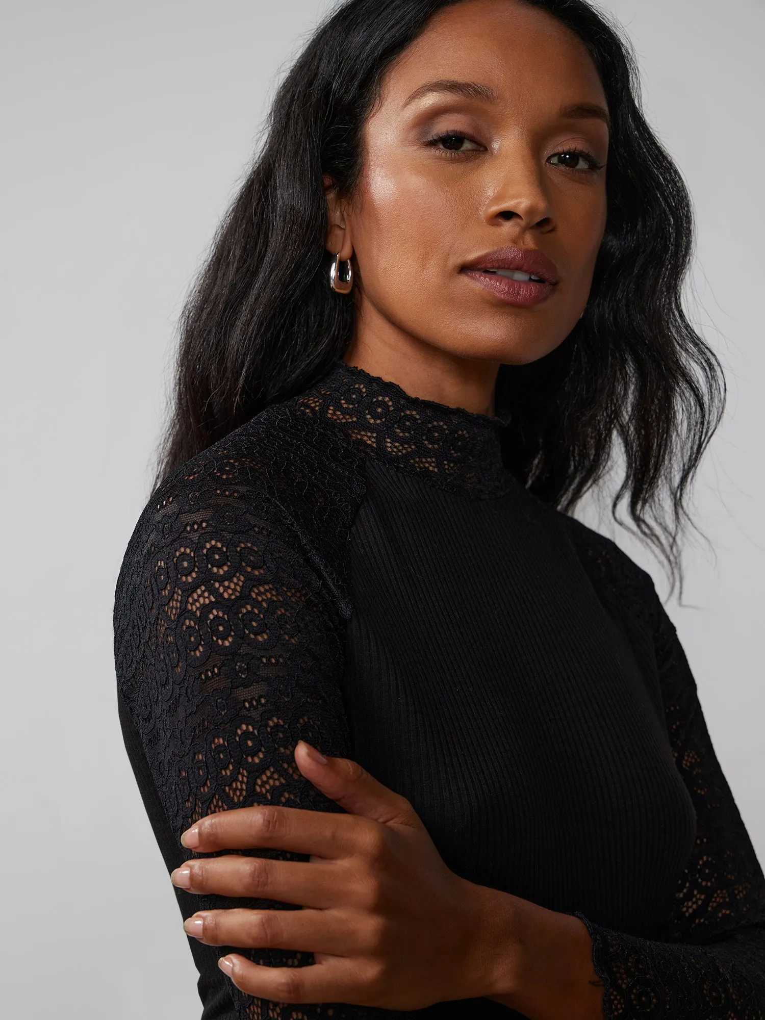 Lace Sleeve Mock Neck Top