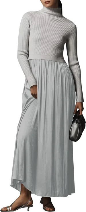 Lauweion Women's Turtleneck Sweater Maxi Dress Long Sleeve Slim Fit Ribbed Knit Pullover Jumper Fall Winter Flowy Long Dresses Grey