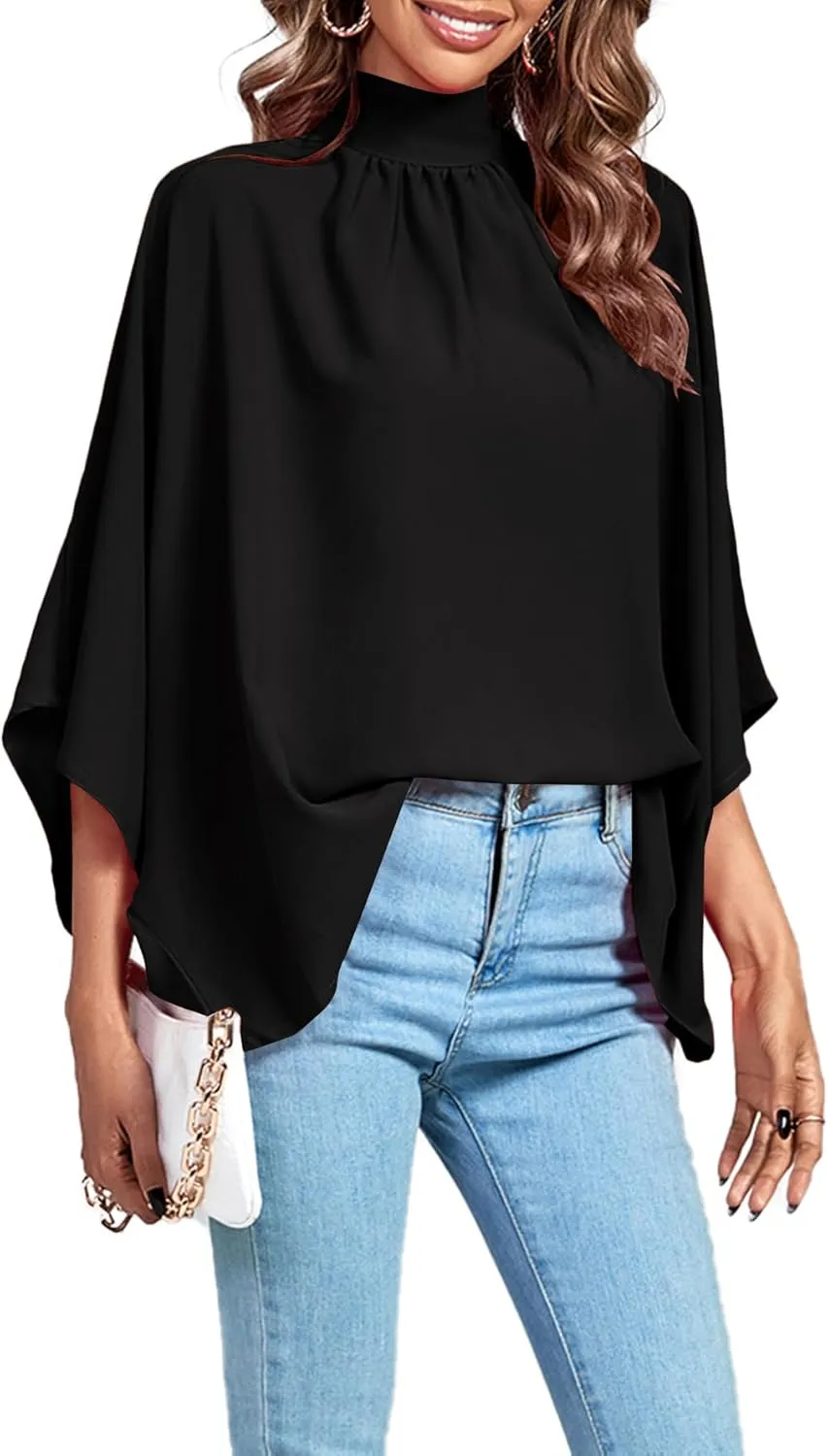 LYANER Women's Mock Neck Pleated Batwing Sleeve Drape Tie Back Blouse Shirt Top