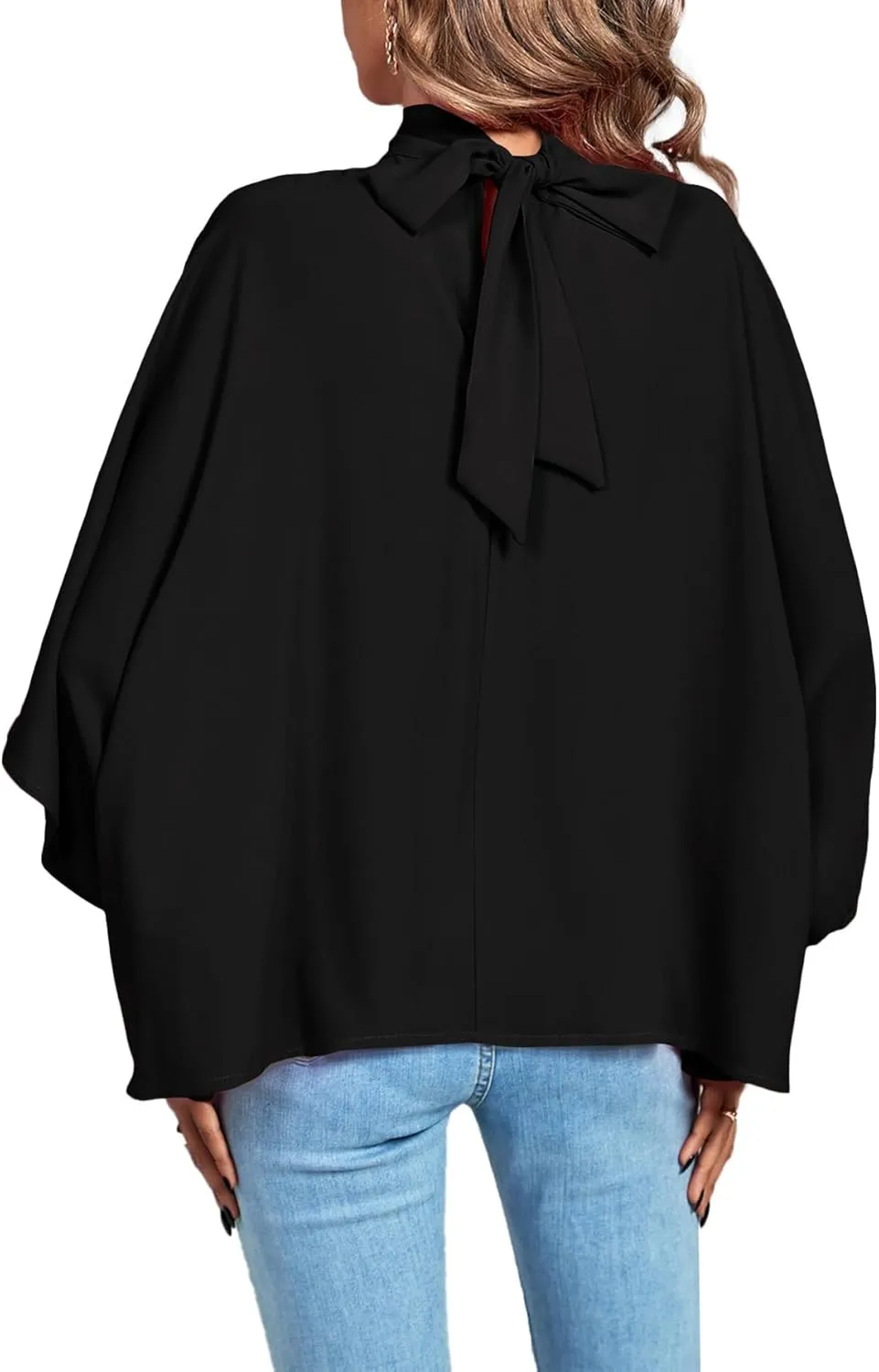 LYANER Women's Mock Neck Pleated Batwing Sleeve Drape Tie Back Blouse Shirt Top