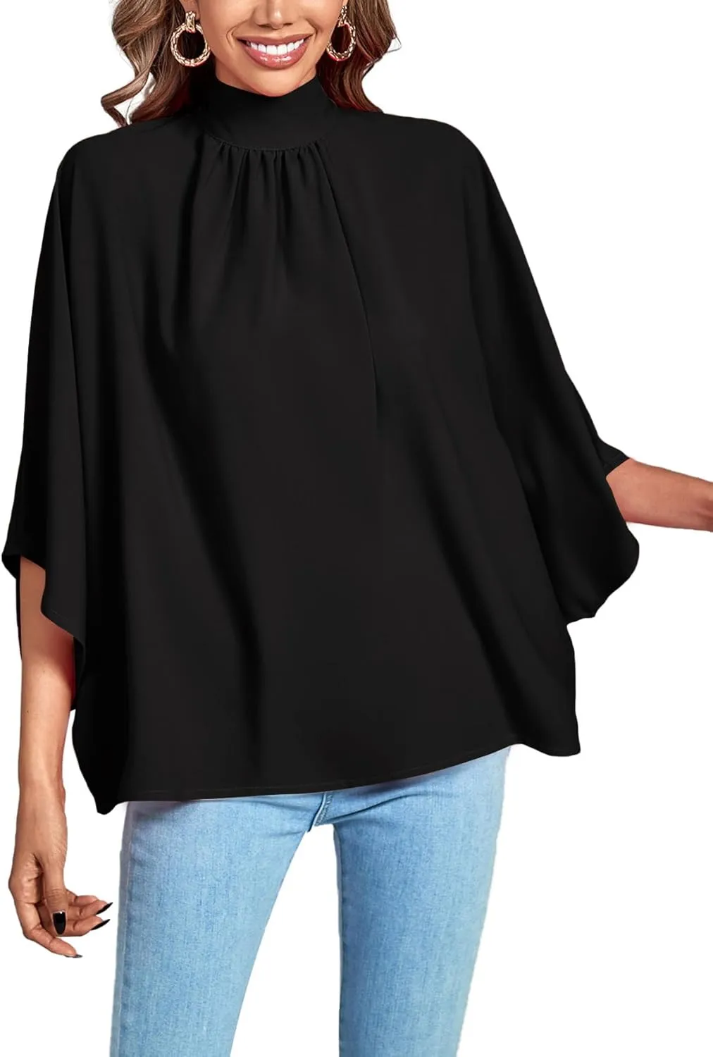 LYANER Women's Mock Neck Pleated Batwing Sleeve Drape Tie Back Blouse Shirt Top
