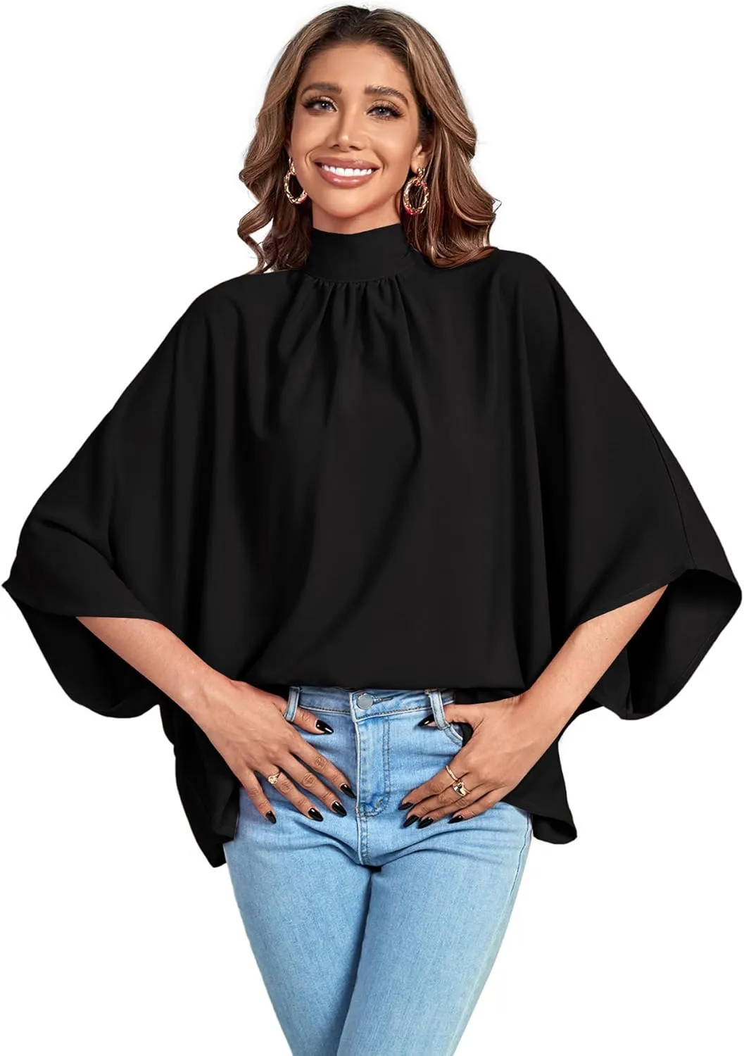 LYANER Women's Mock Neck Pleated Batwing Sleeve Drape Tie Back Blouse Shirt Top