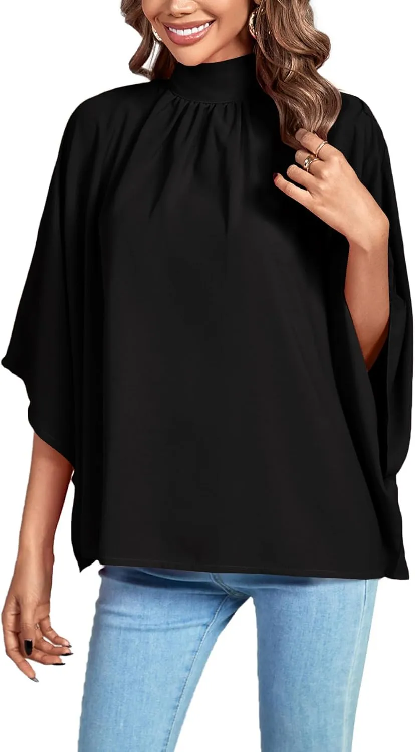 LYANER Women's Mock Neck Pleated Batwing Sleeve Drape Tie Back Blouse Shirt Top