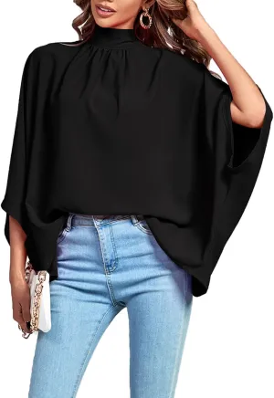 LYANER Women's Mock Neck Pleated Batwing Sleeve Drape Tie Back Blouse Shirt Top