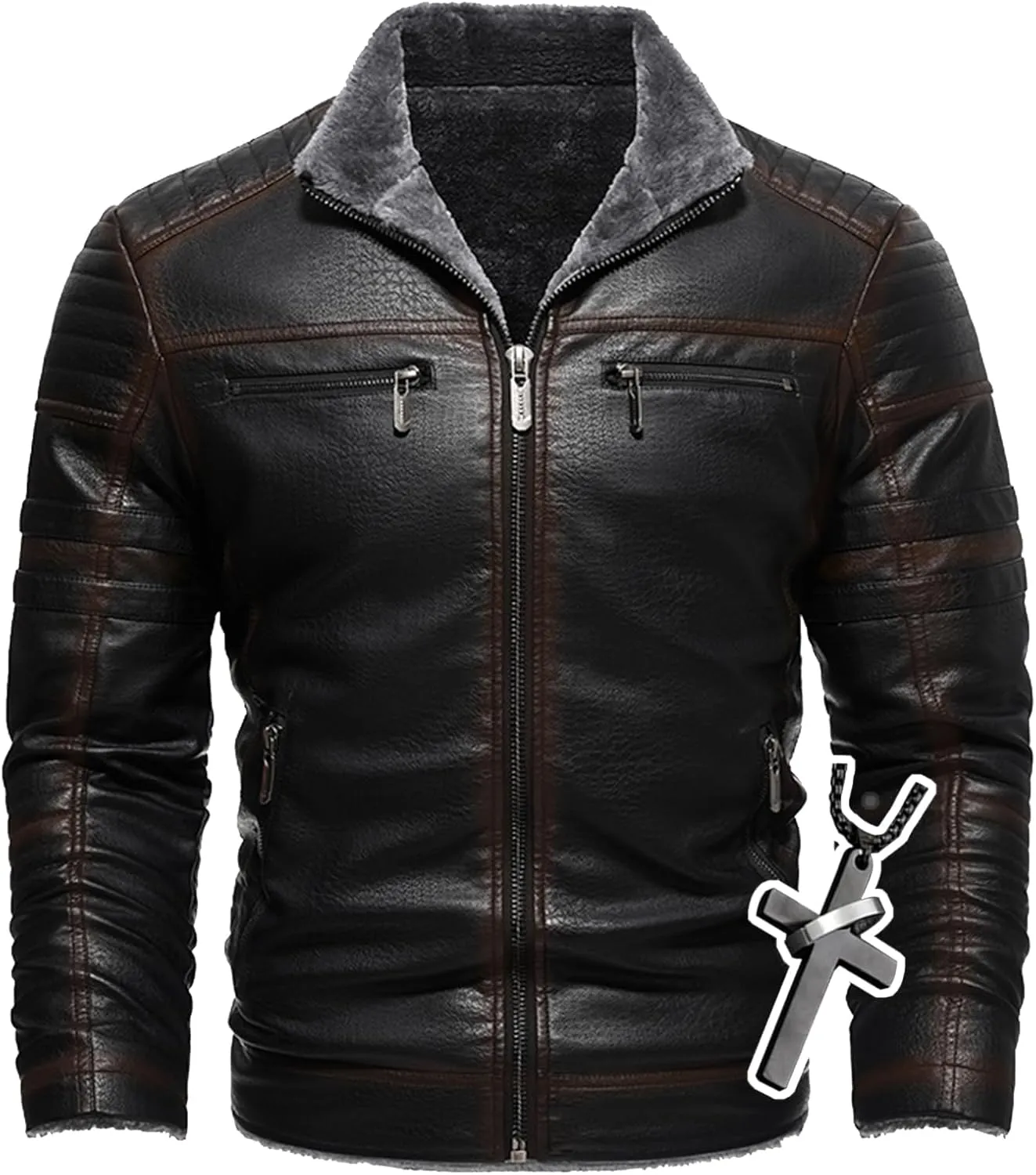 Men's Lamb Wool Bomber Coat Faux Leather Sherpa Fleece Lined Jackets Heavyweight Suede Warm Winter Biker Coat
