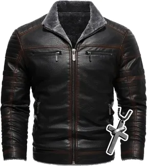 Men's Lamb Wool Bomber Coat Faux Leather Sherpa Fleece Lined Jackets Heavyweight Suede Warm Winter Biker Coat