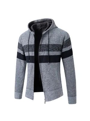 Men's Plush Cardigan Sweater Large Size Hooded Colorblock Knitted Jacket