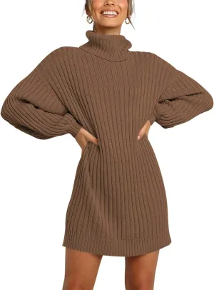 Prinbara Women Turtleneck Long Lantern Sleeve Casual Loose Oversized Sweater Dress Soft Winter Pullover Dresses