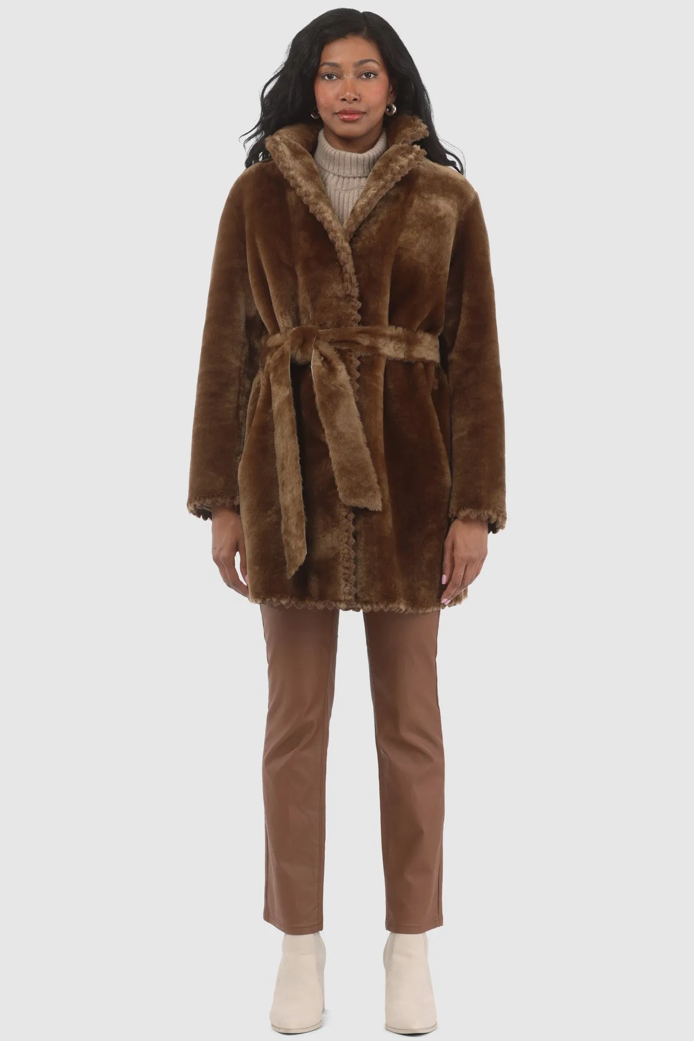 REVERSIBLE SHEARLING LAMB JACKET  WITH EMBROIDERD TRIM, BELT
