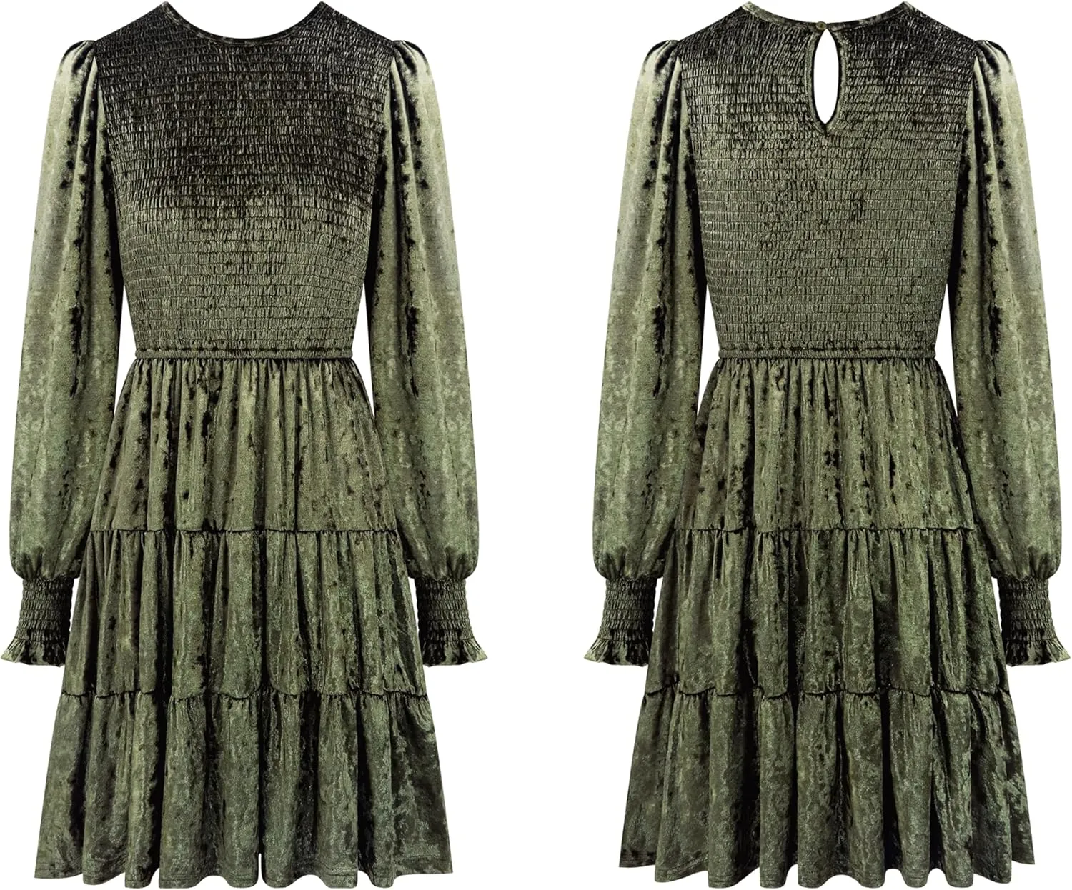 R.Vivimos Women's Fall Winter Crushed Velvet Dress Long Sleeve Crew Neck Elastic Smocked A-Line Tiered Ruffle Mini Dress