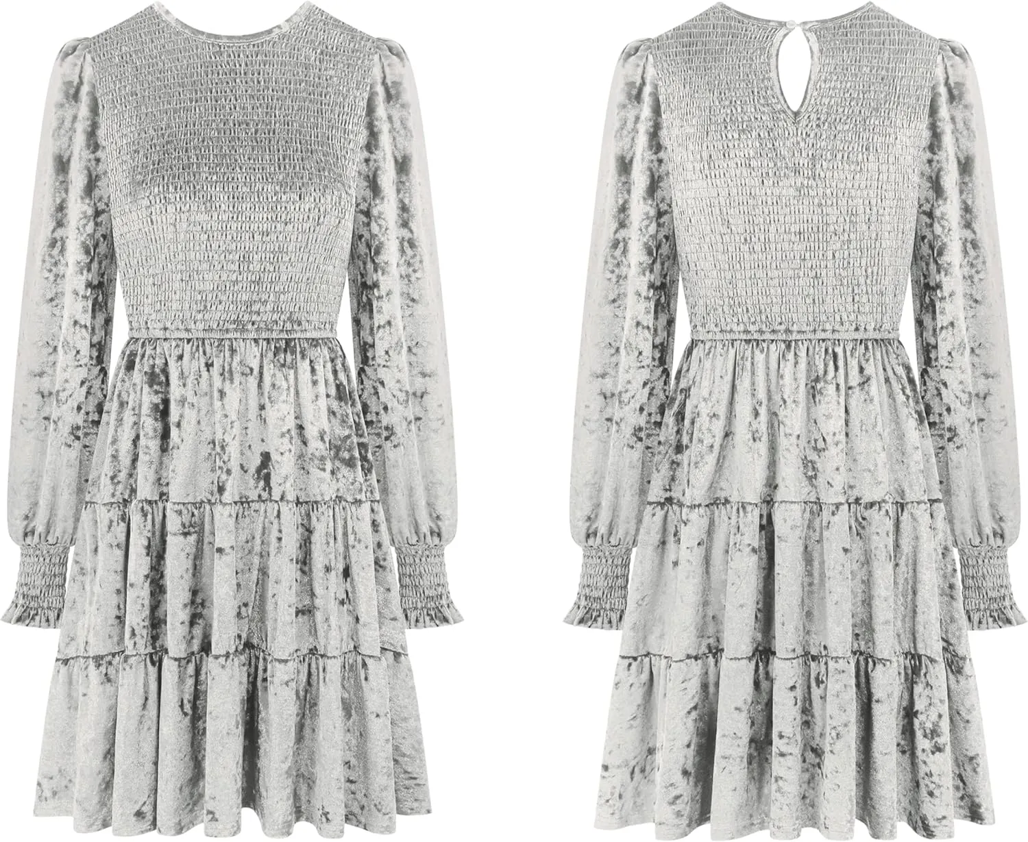 R.Vivimos Women's Fall Winter Crushed Velvet Dress Long Sleeve Crew Neck Elastic Smocked A-Line Tiered Ruffle Mini Dress