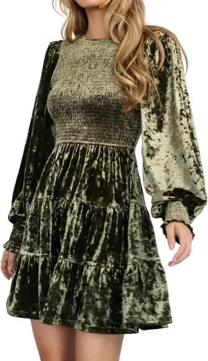 R.Vivimos Women's Fall Winter Crushed Velvet Dress Long Sleeve Crew Neck Elastic Smocked A-Line Tiered Ruffle Mini Dress