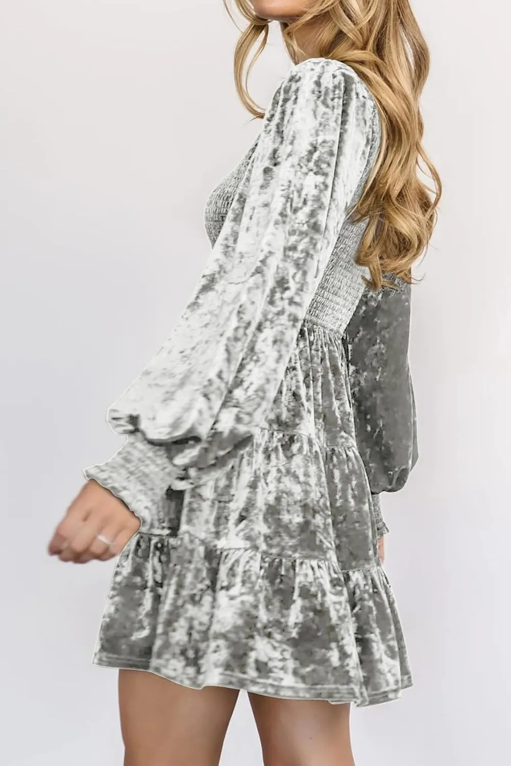 R.Vivimos Women's Fall Winter Crushed Velvet Dress Long Sleeve Crew Neck Elastic Smocked A-Line Tiered Ruffle Mini Dress